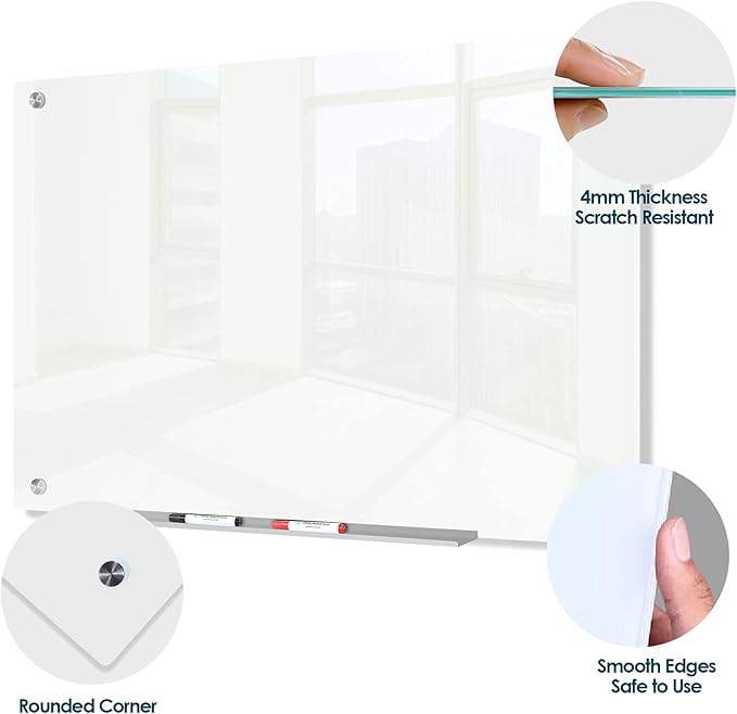 J&J worldwide Glass Whiteboard 47"x35", Magnetic White Board Glass Dry Erase Board Large Frameless Glass White Board for Office, Home & School with Marker Tray & Markers
