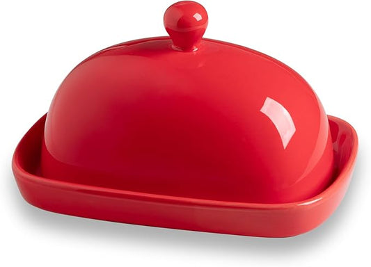 Sweejar Ceramic Butter Dish with Lid for Countertop,Porcelain Butter Keeper with Knob Handle,Butter Container for East/West Coast Butter, 7.3*4.1 inches (Red)