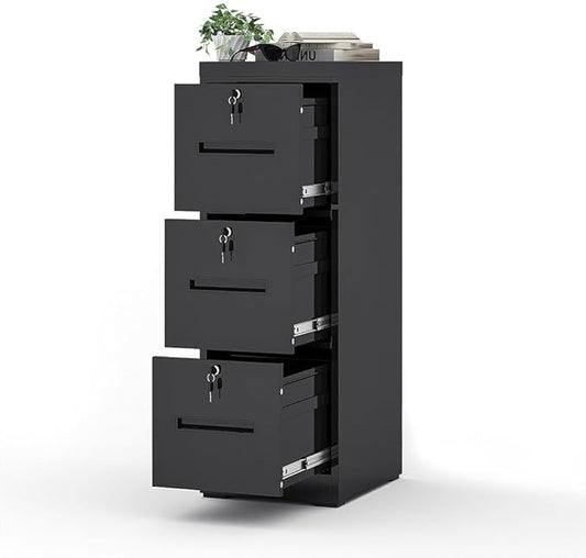 3 Drawer File Cabinet with 3 Locks, Metal Filing Cabinet Heavy Duty Vertical File Cabinets for Home Office, Steel File Storage Cabinets for Letter/Legal File Folders, Assembly Required (Black)