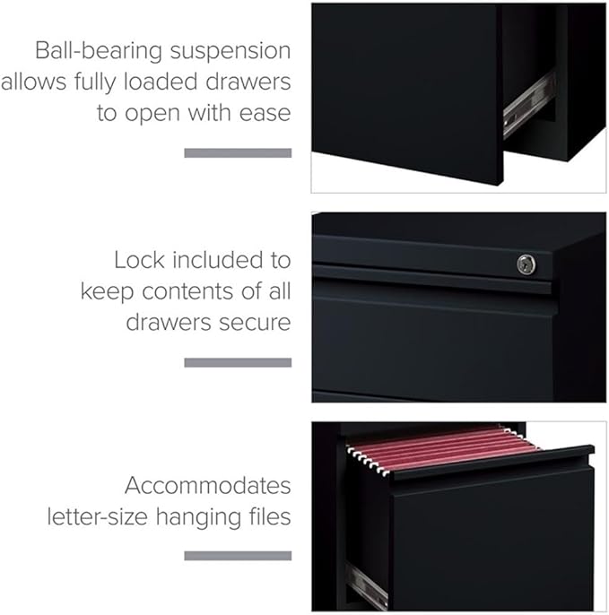Pemberly Row 3 Drawers 27.75" Vertical Black Metal Filing Cabinet Lockable Pre-Assembled Stationary Letter Size for Home, Office