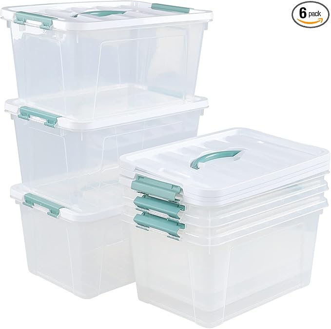 Gainhope 6 Packs 14 L Plastic Stackable Storage Bin Container Box with Latching Lid, Clear Organizer Bins with Handle