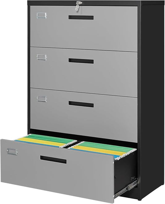 4 Drawer File Cabinet, Lateral Filing Cabinets for Home Office, Office Storage Drawers with Lock, Hanging Files Legal/Letter A4 Size (Assemble Required,Black Grey)