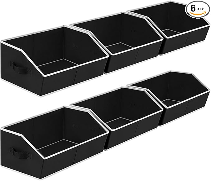 Cube Storage Bins - 6 Pack Trapezoid Storage Bins, Closet Organizers and Decorative Storage, Storage Baskets with Handle, Large Storage Basket for Home, Black