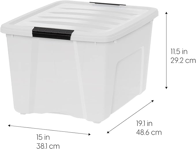 IRIS USA 40 Qt Stackable Plastic Storage Bins with Lids, 6 Pack - BPA-Free, Made in USA - Discreet Organizing Solution, Latches, Durable Nestable Containers, Secure Pull Handle - Pearl