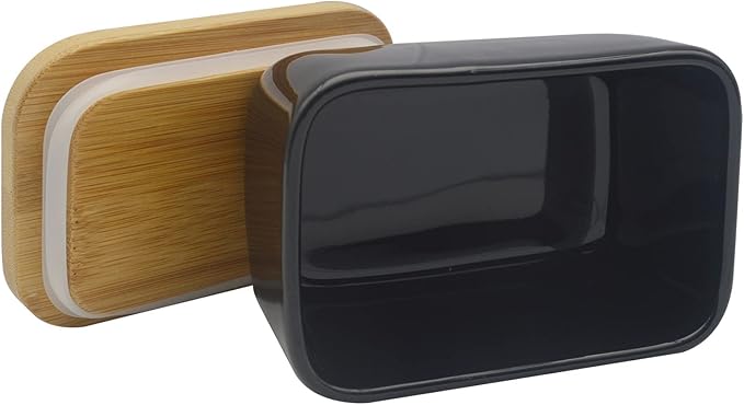 Butter Dish with Lid, Porcelain Keeper with Wood Lid Cover for Butter, Microwave Safe Easy Clean Butter Storage Container for Countertop and Refrigerator (Black 10oz)