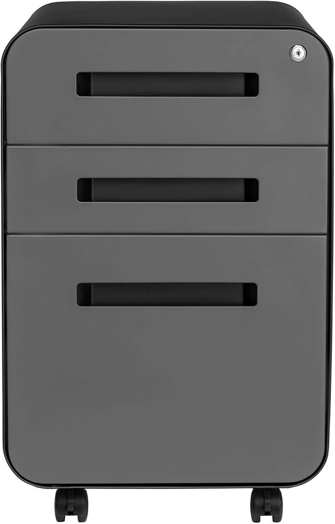 Laura Davidson Furniture Stockpile 3 Drawer File Cabinet with Lock - Under Office Desk Metal Filing Cabinet, Legal/Letter File Folders, Wheels and Stationary Feet, Pre-Assembled, Black/Grey