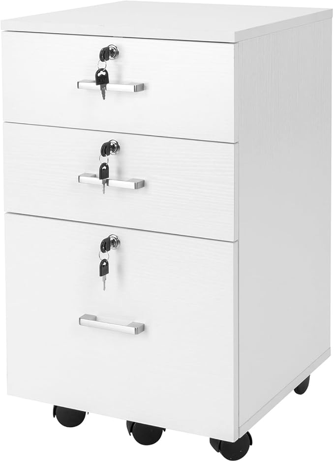 VINGLI 3-Drawer File Cabinet with Lock, Wood Rolling Filing Cabinets for Home Office, Mobile Printer Stand, Under Desk File Organizer for Letter Sized Files, 26" H(Caster Included), White