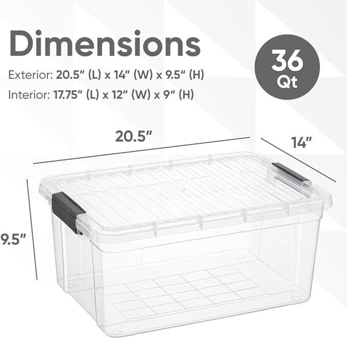 Superio Storage Bins with Lids, Clear Plastic Containers for Organizing, Stackable Totes, BPA Free, Odor Free, Organizer Boxes for Home, and Dorm (4 Pack, 36 Qt)