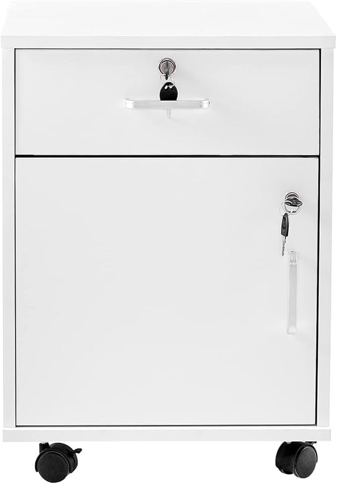 File Cabinet with Lock and Drawer, Mobile Under Desk Storage Cabinet with 360° Swivel Wheels, Wooden Filing Cabinet File Organizer for Legal/Letter/A4 Documents, Home Office Filing Cart (White)