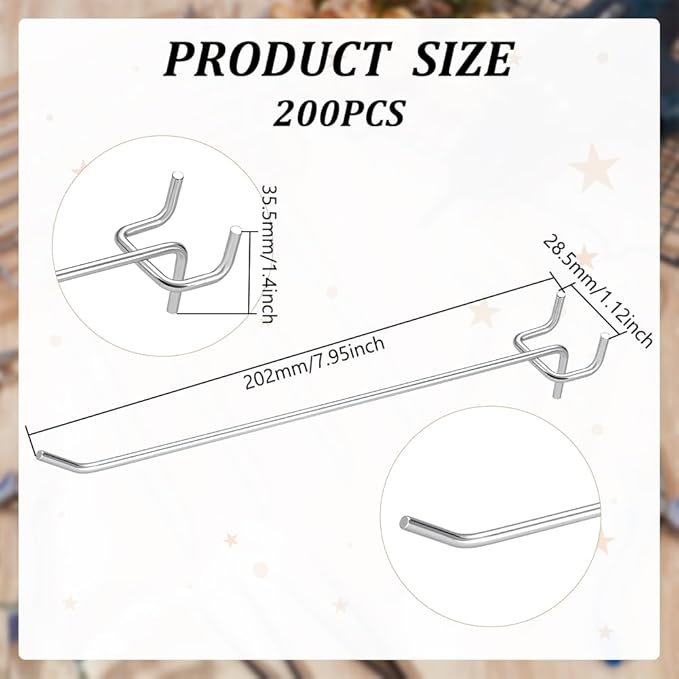 200 Pack Pegboard Shelving Hooks, 8 Inch Stainless Steel Pegboard Hooks Hanging Holders Wall Mount Organize Tools for Garage Office Kitchen Store Craft Organizing, Black