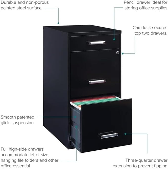 Scranton & Co 27.32" H x 18" D 3-Drawer Modern Metal Filing Cabinet with Pencil-Drawer, High-Sides, Letter Size, Patented Glide Suspension, for Small Office/Home Office, in Black