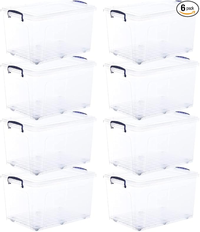 Superio Storage Bins with Lids- Clear Boxes for Organizing, Stackable Plastic Containers- BPA Free, Non-Toxic, Odor Free, Organizer for Home, Office, Dorm (8 Pack, 44 Qt (Wheeled))