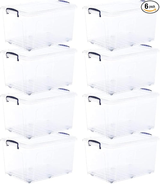 Superio Storage Bins with Lids- Clear Boxes for Organizing, Stackable Plastic Containers- BPA Free, Non-Toxic, Odor Free, Organizer for Home, Office, Dorm (8 Pack, 44 Qt (Wheeled))