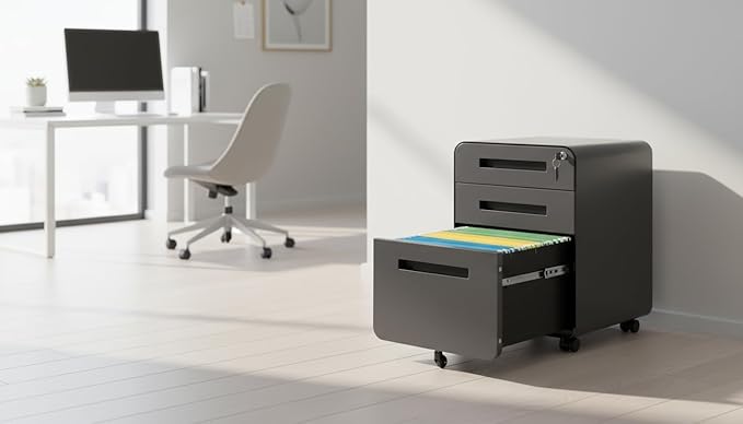 Modern 3-Drawer Mobile File Cabinet, Dark Grey Metal Filing Cabinet with Lock, Under-Desk Rolling File Storage with 5 Wheels, Legal/Letter/A4 Hanging File Compatible, 15.75" W x 18.11" D x 22.83" H