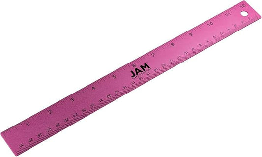 JAM PAPER Strong Aluminum Ruler - 12 Inch - Metal Ruler with Non-Skid Cork Backing - Fuchsia Metallic - Sold Individually