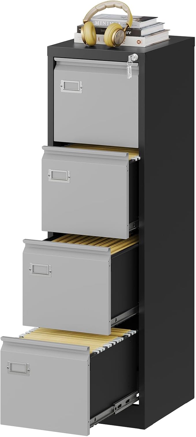 File Cabinets - 4 Drawers Vertical 17.8" Deep Lockable Filing Cabinet - Black & Gray Metal Storage Cabinets for Home Office to Hanging Files Letter/Legal/F4/A4 Size