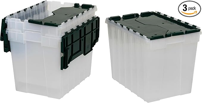 Akro-Mils KeepBox 18 Gallon Storage Container, Nesting and Stackable Plastic Storage Box with Lid Attached, Clear Tote for Garages, Closets, and Moving, 21" x 15" x 17", Clear/Green, 3-Pack