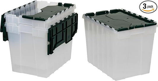 Akro-Mils KeepBox 18 Gallon Storage Container, Nesting and Stackable Plastic Storage Box with Lid Attached, Clear Tote for Garages, Closets, and Moving, 21" x 15" x 17", Clear/Green, 3-Pack