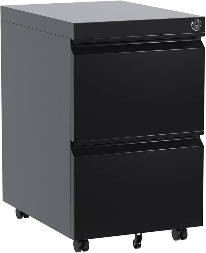 2-Drawer Rolling Metal File Cabinet with Lock – Under Desk Mobile Storage – Fits Legal/Letter/A4 Documents – Home Office Use – Black