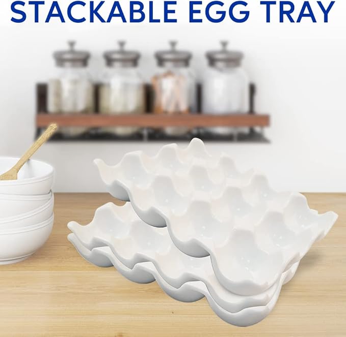 Ceramic Egg Tray Holder 12 Cups Whole Dozen Porcelain Eggs Container Crate Keeper for Countertop Kitchen Storage Fridge Decorative Serving Display