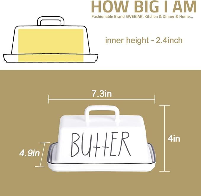 Sweejar Ceramic Butter Dish with Handle Lid, 7.3 Inch Porcelain Large Butter Keeper with Cover, Perfect for East/West Butter (Navy)