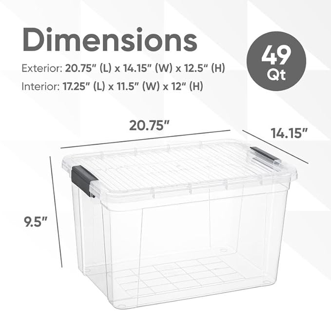 Superio Clear Storage Boxes with Lids, 49 Quart Plastic Container Bins for Organizing, Stackable Crates, BPA Free, Non Toxic, Odor Free, Organizers for Home, Office and Dorm, 4 Pack
