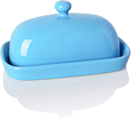 Sweejar Ceramic Butter Dish with Lid for Countertop,Porcelain Butter Keeper with Knob Handle,Butter Container for East/West Coast Butter, 7.1*3.7 inches (Steel blue)
