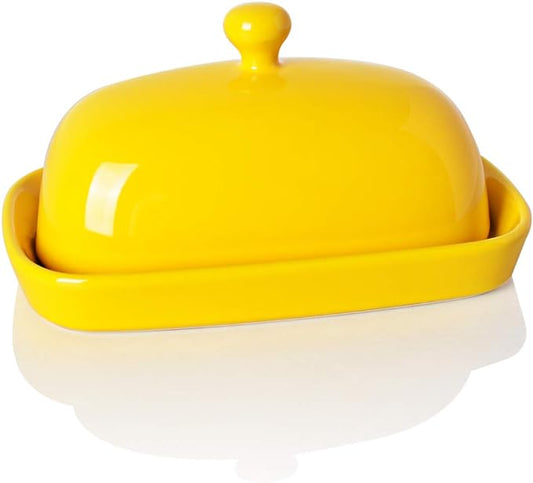 Sweejar Ceramic Butter Dish with Lid for Countertop,Porcelain Butter Keeper with Knob Handle,Butter Container for East/West Coast Butter, 7 inches (Yellow)