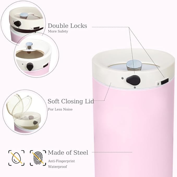 Diaper Pail, Baby Diaper Trash Can with Removal Inner Liner, Childproof Lock, Stainless Steel Garbage Pail with lid, Soft Close, Odor Control Diaper Disposal Bin, 4 Gallon Pink Diaper Can