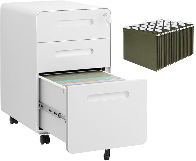3 Drawer File Cabinet with Lock and 4 Keys, Mobile Metal Filing Cabinet, File Cabinets for Home Office, Under Desk, Pre-Assembly, File Drawer, Letter/Legal/A4 Hanging File Folders