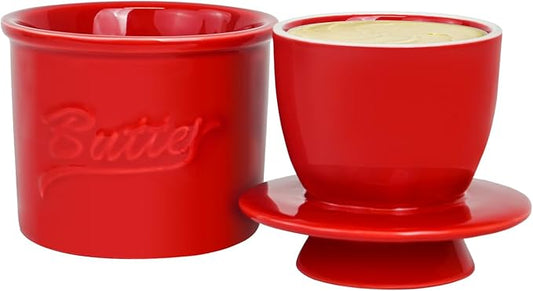 Butter Crock for Counter with Water, French Butter Keeper for Spreadable Butter Ceramic Butter Dish with Lid for Countertop, Butter Container Holder, Home Kitchen Decor (Red, M)