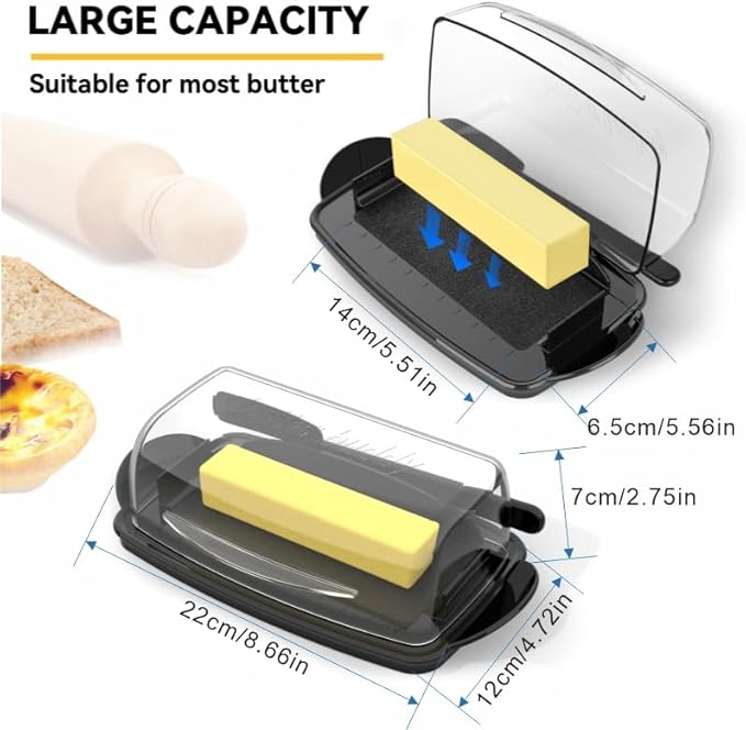 Butter Dishes with Lid for Countertop Refrigerator, Plastic Butter Dish Clear Flip Top Lid Butter Container with Spreader, Non-Slip Bottom Butter Holder Keeper (Transparent Cover Black)