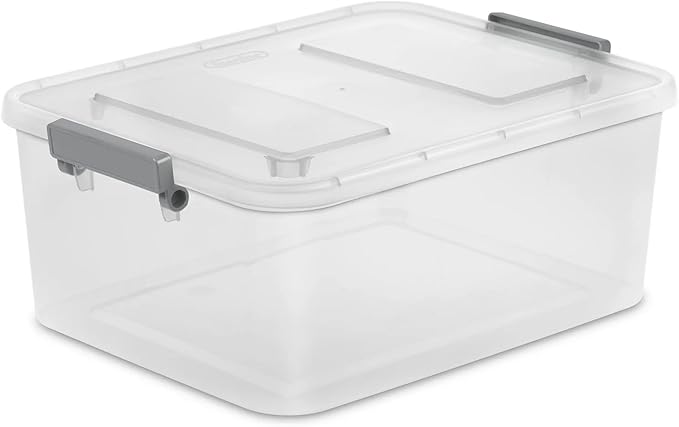 (3 Pack) 12.7 Quart Clear Plastic Modular Storage Containers with Write-On Label Latches - Gray Stackable Organizer Boxes for Home, Office, Closet, Garage & Pantry Organization