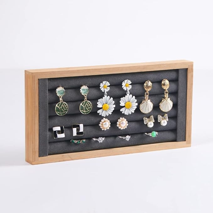 Coward Bamboo Ring Earrings Display Holder Jewelry Storage Tray Organizer (gray)