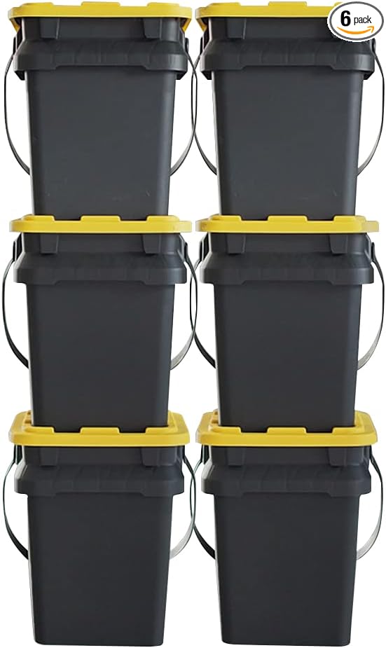 CX BLACK & YELLOW, 5-Gallon Heavy Duty Bucket Tough Storage Container & Snap-Tight Lid, (14.9H x 12W x 13D), Weather-Resistant Design and Stackable Organization Tote [6 Pack]