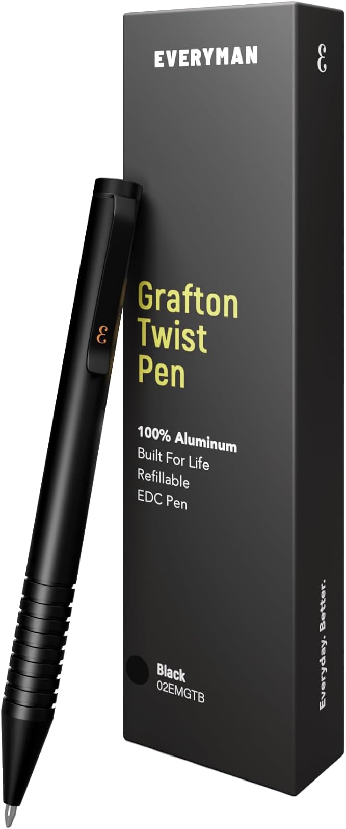 Everyman Grafton Mini Twist Refillable 0.7mm Ball Point Pen Black | Sleek Anodized Aluminum Pocket Pen with Grooved Grip | Smooth Writing EDC Ink Pen for Office, Travel, Work & Gifting