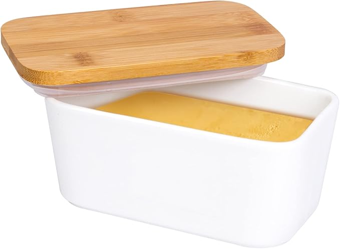 Butter Dish with Lid, LARGE 650ml Porcelain Keeper with Bamboo Lid Cover for 2 Sticks of Butter, Microwave Safe Easy Clean Butter Storage Container for Countertop and Refrigerator (White)