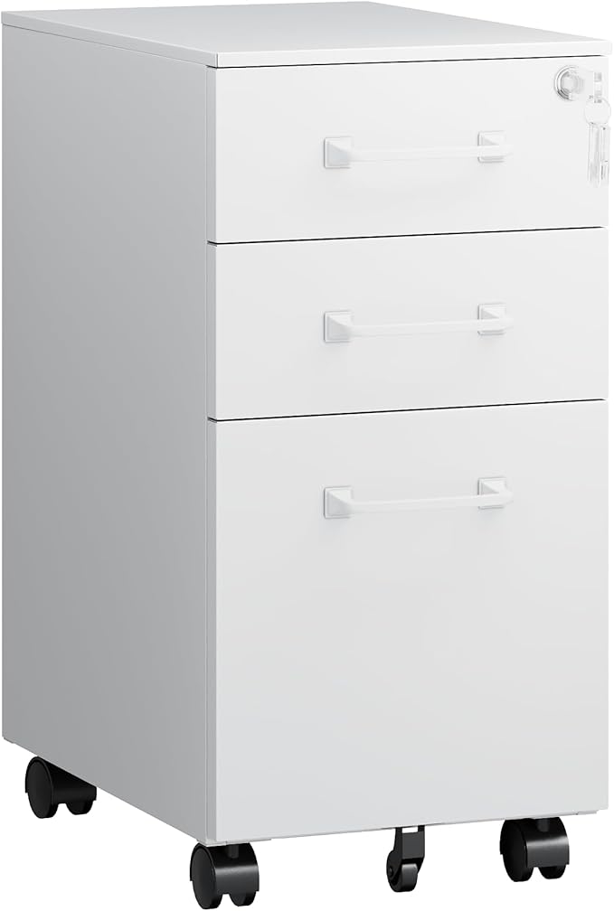 Letaya 3 Drawer Mobile File Cabinet with Lock,Under Desk Metal Filing Cabinets for Home Office Organizer,Small Rolling Printer Stand with Wheels,for Letters/Legal/A4(Assembly Required) (White)