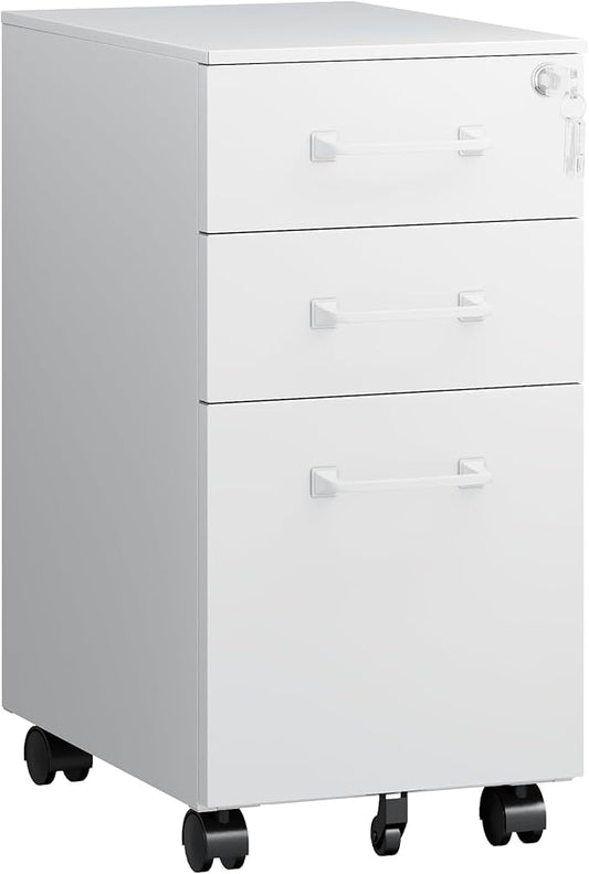 Letaya 3 Drawer Mobile File Cabinet with Lock,Under Desk Metal Filing Cabinets for Home Office Organizer,Small Rolling Printer Stand with Wheels,for Letters/Legal/A4(Assembly Required) (White)