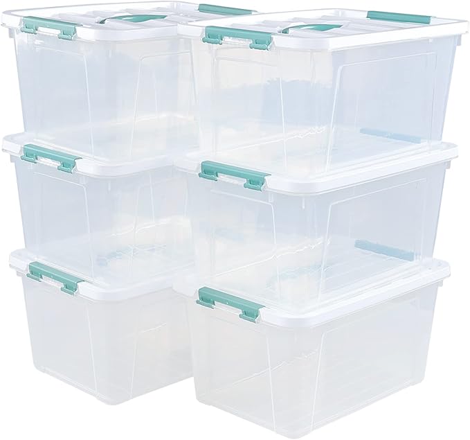 Gainhope 6 Packs 14 L Plastic Stackable Storage Bin Container Box with Latching Lid, Clear Organizer Bins with Handle