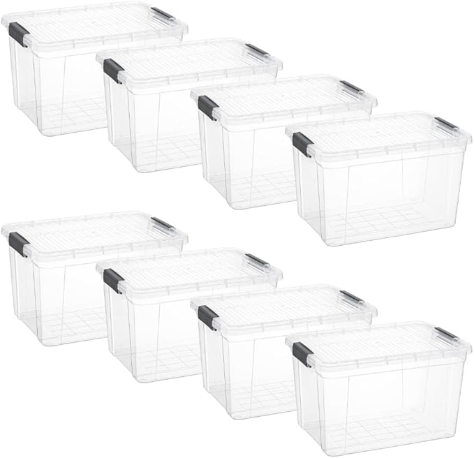 Superio Clear Storage Boxes with Lids, 14.25 Quart Plastic Container Bins for Organizing, Stackable Crates, BPA Free, Non Toxic, Odor Free, Organizers for Home, Office and Dorm, 8 Pack