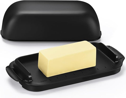 AONCO Butter Dish with Lid, Butter Container Holds for Countertop, Unbreakable Butter Keeper for Home Kitchen Decor, Perfect for East/West Coast Butter, BPA-free, Microwave/Dishwasher Safe (Black)
