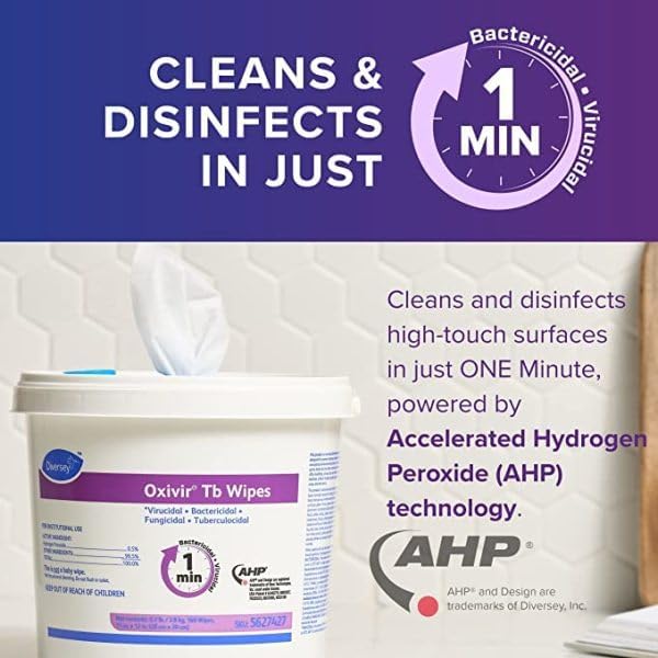 Oxivir Diversey Tb 5627427 Ready-to-Use Disinfectant Cleaning Wipes, Accelerated Hydrogen Peroxide, 11x12-Inch Extra Large Sheets, 160-Wipes, 1-Bucket (Pack of 4)
