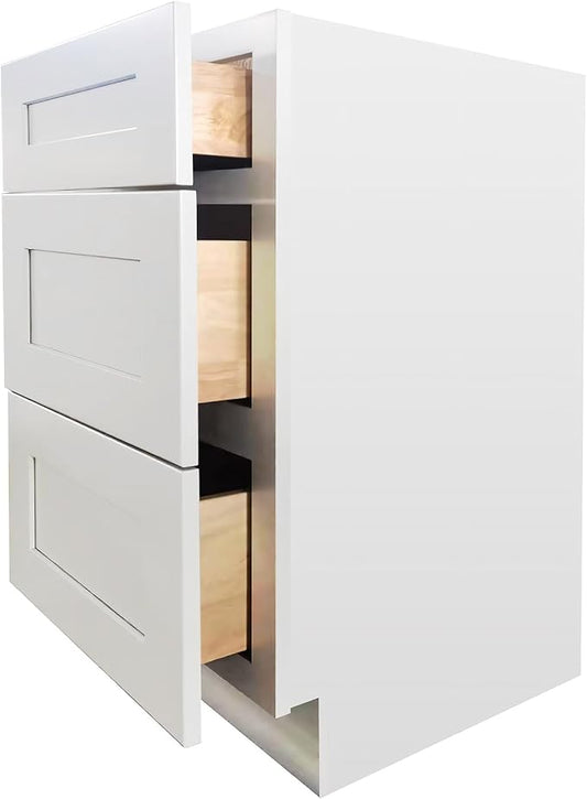 Shaker Style White RTA Base Drawer Cabinet by Solid Wood for Kitchen, Bathroom, Bedroom or Office with 3 Drawers and Soft Close(15" W x 24" Depth x 34-1/2" H)