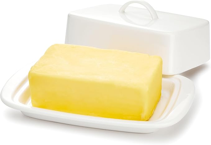 Sweese Large Butter Dish with Lid for Countertop, Porcelain 8oz Butter Keeper with Handle Cover Design, 7.7 Inch Butter Container Perfect for East/West Coast Butter, White