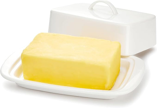 Sweese Large Butter Dish with Lid for Countertop, Porcelain 8oz Butter Keeper with Handle Cover Design, 7.7 Inch Butter Container Perfect for East/West Coast Butter, White