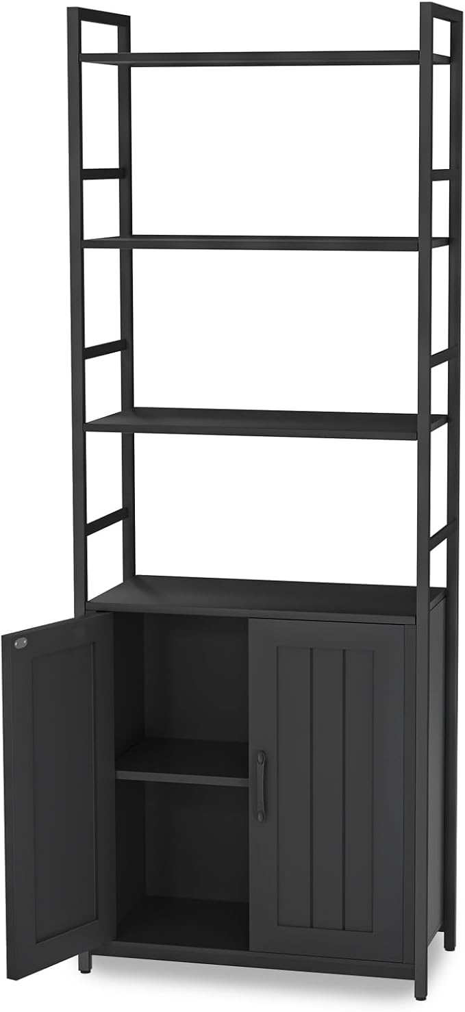 Black Bookshelf with Doors,70" Tall Bookcase with Storage Cabinet,6 Tier Book Shelf for Living Room/Bedroom/Office/Kitchen,70"(H)*26"(L)*11.8"(W)