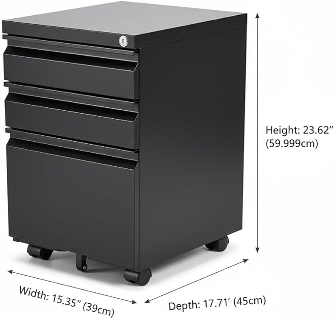 Black Metal 3-Drawer Mobile File Cabinet with Lock, Letter/Legal/A4 Filing Drawer, Rolling Office Storage with 5 Casters, Fits Under Desk, 15.35" W x 17.71" D x 23.62" H
