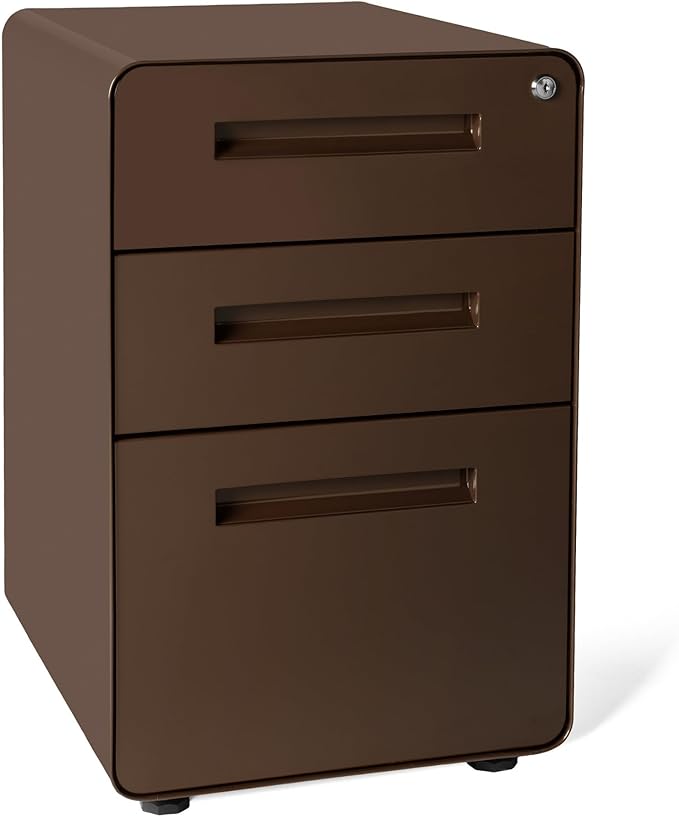 Laura Davidson Furniture Stockpile 3 Drawer File Cabinet with Lock - Under Office Desk Metal Filing Cabinet, Legal/Letter File Folders, Wheels and Stationary Feet, Pre-Assembled, Dark Brown