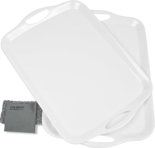 Large Melamine Serving Tray with Handles, 17.5 x 12 in Rectangular Melamine Serving Platter, Dishwasher Safe Trays for Eating, Appetizer, Charcuterie, Snack, Fruit, Desserts, Set of 2, White